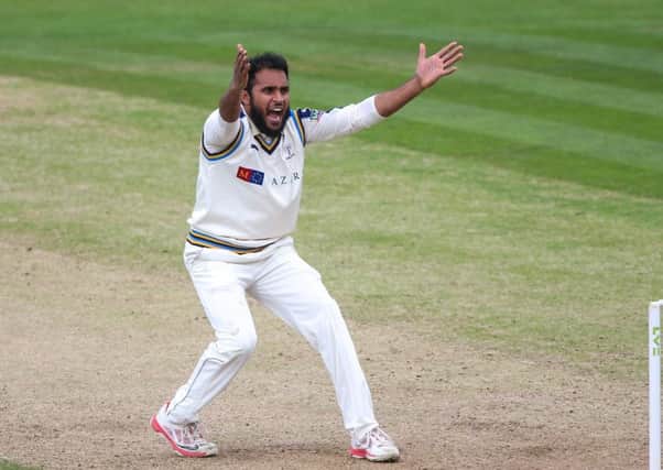 Yorkshire's Adil Rashid successfully appeals the wicket of Sussex's Ashar Zaidi. Picture: Alex Whitehead/SWpix.com