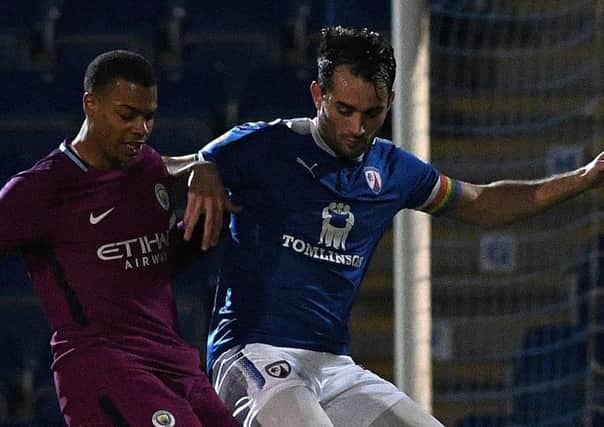 Picture Andrew Roe/AHPIX LTD, Football, Checkatrade Trophy Group Stage, Chesterfield v Manchester City U21's, Proact Stadium, 29/11/17, K.O 7pm

Chesterfield's Sam Hird tackles City's Lukas Nmecha

Andrew Roe>>>>>>>07826527594