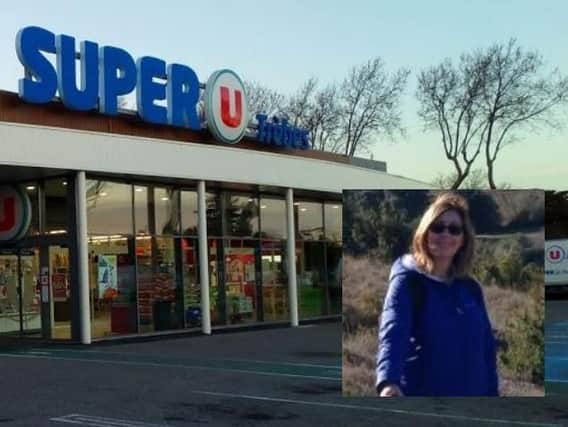 The SuperU supermarket in Trebes, France and Tracy Mitchell, inset.