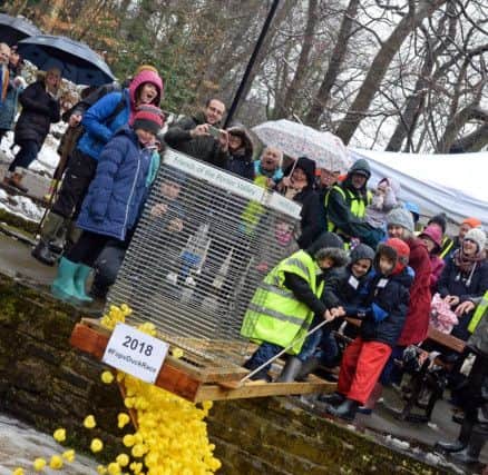 The 2018 Endcliffe Park annual Duck race, gets underway as children fron Nether Green Junior school and Sue Spence officially release the ducks. Picture: Marie Caley NSST Endcliffe Duck Race MC 2