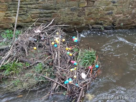 Mysterious coloured balls in Porter Brook. Picture Roger Butterfield.
