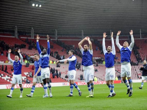 Sheffield Wednesday players celebrate their victory over Sunderland at the Stadium of Light