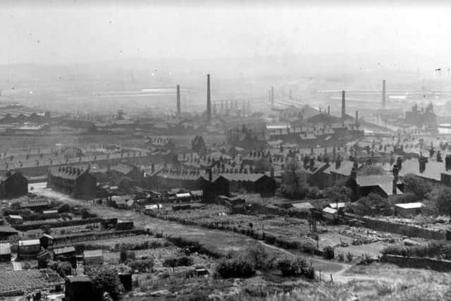 View from Wincobank Hill of the allotments, Waling Road, Tipton Street and Sanderson Street and across to the Brightside Works and River Don Works. Reproduced with kind permission of Sheffield City Council.