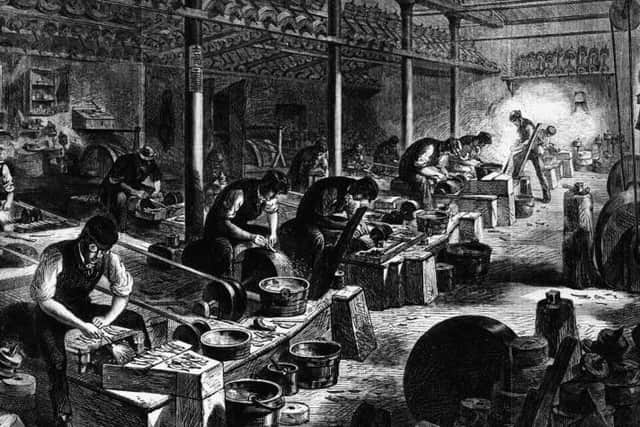 Cutlery manufacturing razor grinding (Illustrated London News, 1866). Reproduced with kind permission of Sheffield Archives.