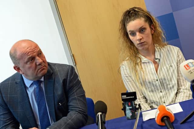 Detective Chief Inspector Stephen Handley, pictured with Kelsey Dixon, Jarvin Blake's fiancee. Picture: Marie Caley NSST Blake Press Conference MC 3