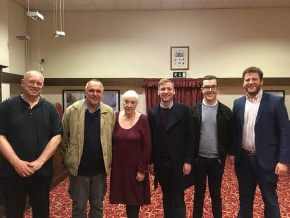 From left to right: Local campaigner, Jeremy Kenyon, Kevin Bone,Coun Pat Bone, Lee Rowley MP, Coun David Drabble and Coun Alex Dale, at the Killamarsh Parish Council by-election count on Thursday.