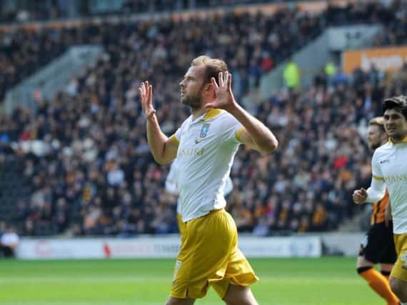 Jordan Rhodes celebrates what would be the winning goal against Hull City