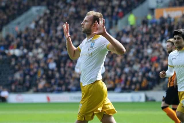 Jordan Rhodes celebrates what would be the winning goal against Hull City