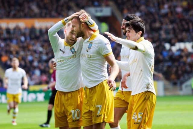 Sheffield Wednesday players with Jordan Rhodes after his goal against Hull City
