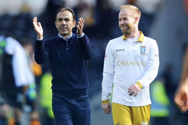 Delighted with the win at Hull, Owls boss Jos Luhukay and Barry Bannan.....Pic Steve Ellis