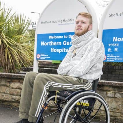 Wheelchair bound Kyle Timms who has been banned from the Northern General Hospital in Sheffield after attempting to take his own life