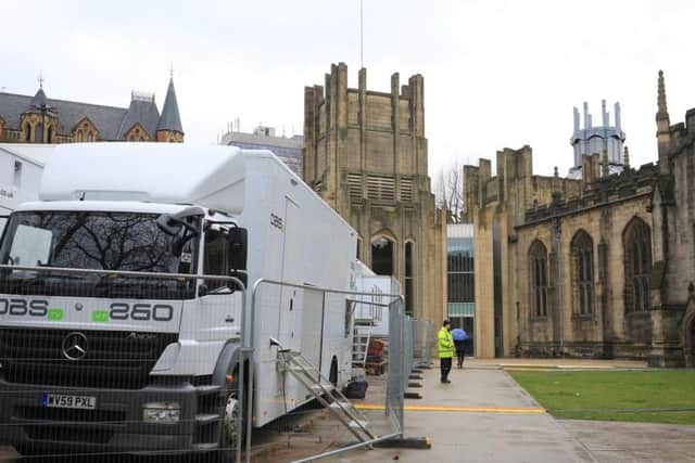 Outside broadcast vans were parked up outside Sheffield Cathedral for the BBC's visit. Picture: Chris Etchells