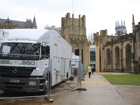 Outside broadcast vans were parked up outside Sheffield Cathedral for the BBC's visit. Picture: Chris Etchells