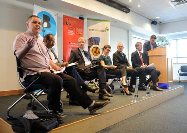 20 April 2018 .....     Candidates at the Sheffield city region mayoral hustings, organised by the Centre for Cities, held at The Source Skills Academy in Meadowhall. Mick Bower, (Yorkshire Party), Naveen Judah, (South Yorkshire Save our NHS Party), Ian Walker (Conservatives), Hannah Kitching (Liberal Democrats), Rob Murphy (Green Party), Dan Jarvis (Labour). Picture Tony Johnson.