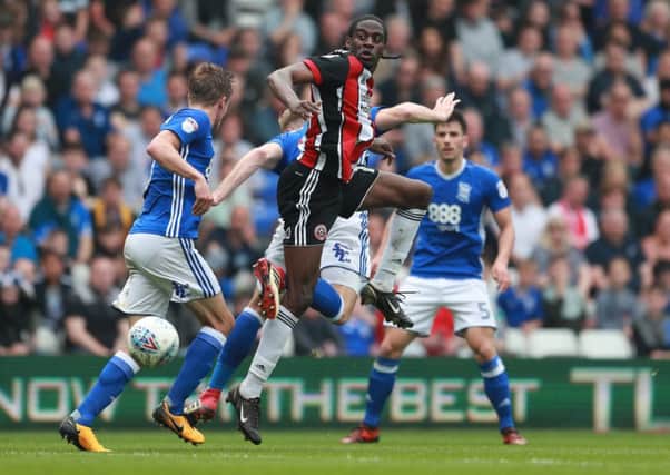 Clayton Donaldson of Sheffield Utd directs a header towards goal during the championship match at St Andrews Stadium, Birmingham. Picture date 21st April 2018. Picture credit should read: Simon Bellis/Sportimage