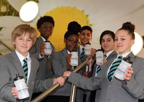 Parkwood E-ACT Academy, has banned plastic bottles and issued re-usable drinking bottles to pupils, to cut the schools plastic comsumption. Pupils L-r Kane Short, 12, Asaru Josinlah, 14, Precious Pepala, 13, Awais Ishfaq, 13, Marim Sabah, 13 and Harmonie Cawley, 12, pictured.  Picture: Marie Caley NSST Plastic Bottles MC 1
