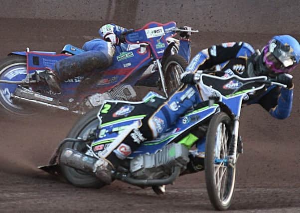 Charles Wright leads as Josh Auty crashes. Pic: Andy Garner