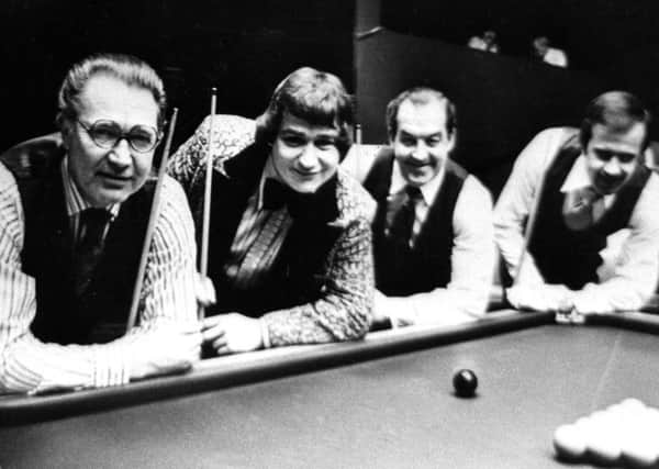 Left to right John Pulman; Bill Werbeniuk; Eddie Charlton and Willie Thorne, Embassy World Snooker Championship, 1978