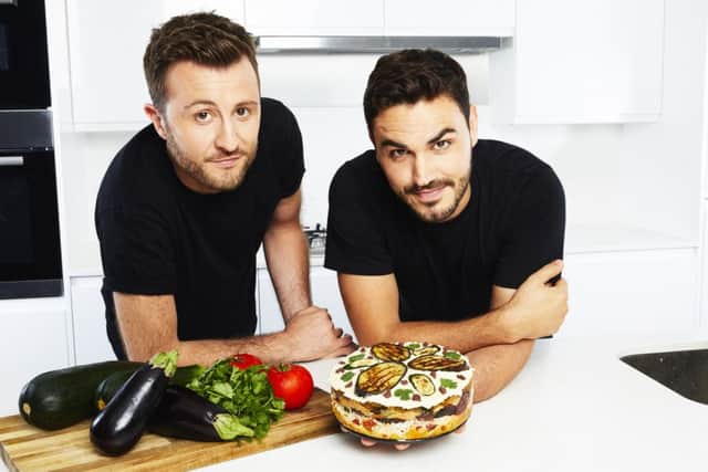 Ian Theasby and Henry Firth of BOSH! with a mezze cake