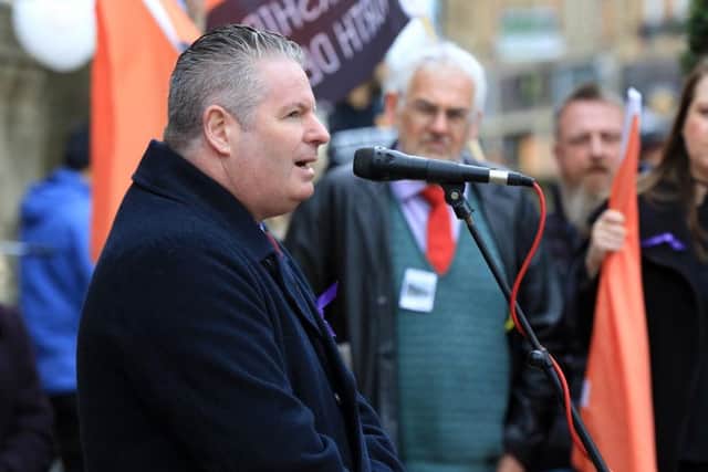 GMB regional secretary Neil Derrick address the crowds in Sheffield on Workers' Memorial Day