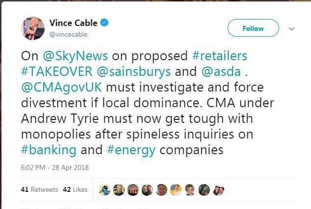 Liberal Democrat leader Sir Vince Cable, the former business secretary said the CMA should investigate the possible merger