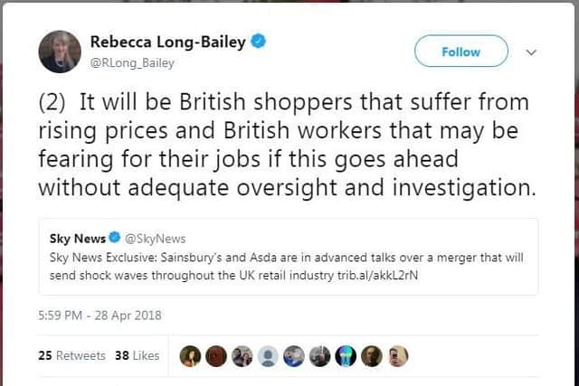 Shadow business secretary Rebecca Long-Bailey warned of the risks of a possible merger