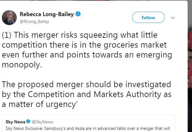 Shadow business secretary Rebecca Long-Bailey warned of the risks of a possible merger