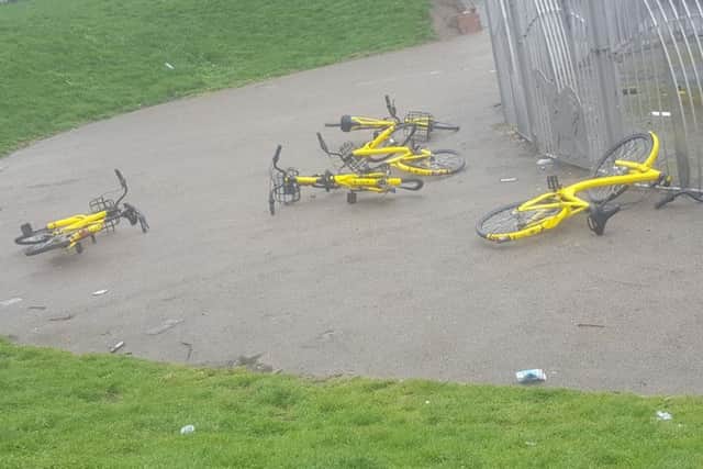 The five yellow bikes were found dumped and smashed up in Page Hall.