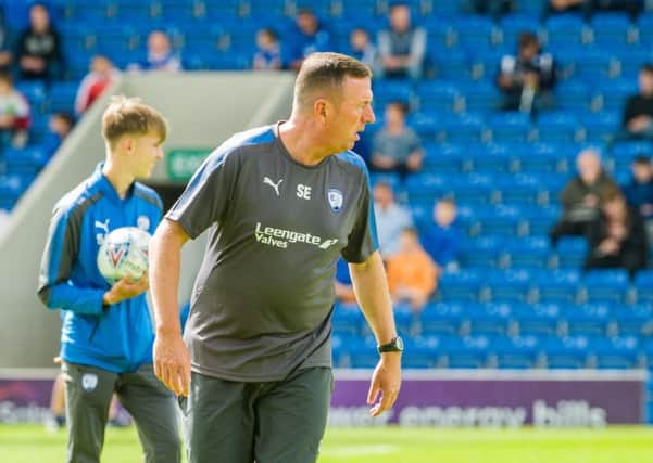 Chesterfield's first team coach Steve Eyre warming the team up before the game.

Picture by Stephen Buckley/AHPIX.com. Football, League 2, Chesterfield v Grimsby Town; 05/08/2017 KO 3.00pm 
Proact; copyright picture; Howard Roe; 07973 739229