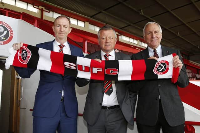 Chris Wilder (centre) is unveiled alongside his assistant Alan Knill (left) and Kevin McCabe (right) two years ago 
Â©2016 Sport Image all rights reserved