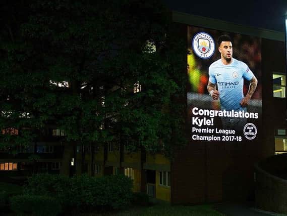 Manchester City projected an image of Kyle Walker onto the side of a block of flats on the Lansdowne Estate, Sharrow. Picture: Manchester City.