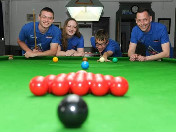 David Collins, Katie Harrison, Josh Garner and Steve Harrison at the Stephen Harrison Snooker Academy in Walkley. Picture: Andrew Roe.