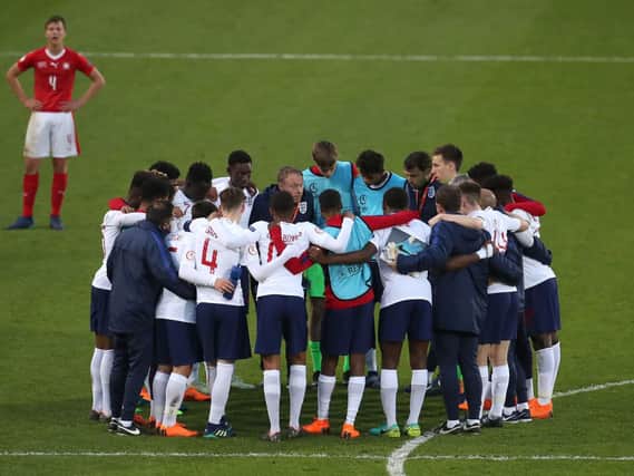 England huddle during the UEFA European U17 Championship, Group A match at the AESSEAL New York Stadium, Rotherham. PRESS ASSOCIATION Photo.