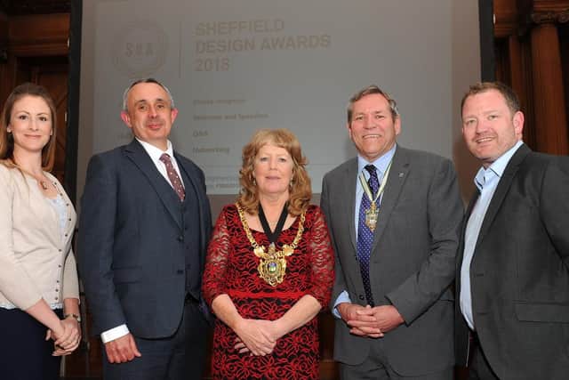 Leanora Simmonite, Rob Murfin, chief planning officer at Sheffield Council, Lord Mayor Coun Anne Murphy, Master Cutler Ken Cooke and Dan Brown, of the Sheffield Design Awards committee, at the launch. Picture: Andrew Roe
