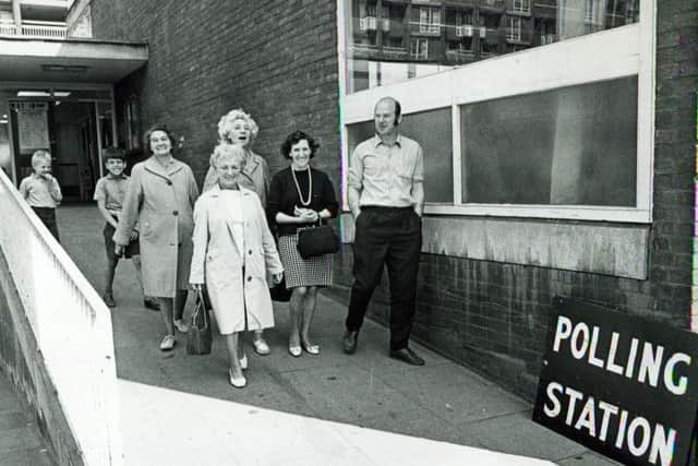 Voters pictured leaving the polling station at Park Hill flats Community Centre, Sheffield on June 18, 1970