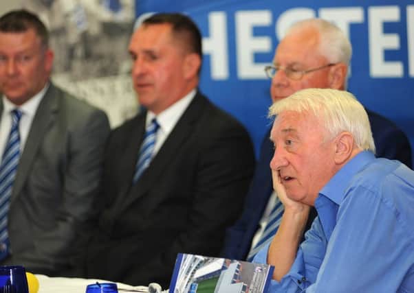Chesterfield FC owner, Dave Allen, right, addresses the press conference at the unveiling of Martin Allen, second left, as new manager.