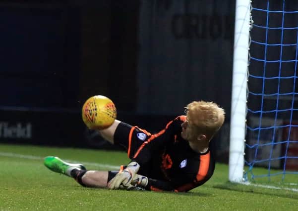 Chesterfield v Belper Town in the Derbyshire Senior Challenge Cup quarter final, Tuesday January 9th 2018.  Chesterfied win after a penalty shootout. Chesterfield keeper Dylan Parkin makes a save. Picture: Chris Etchells