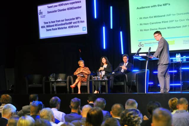 Rosie Winterton MP, Caroline Flint MP and Ed Miliband  MP are quizzed by Greg Wright of The Yorkshire Post  at the Doncaster Business Conference.