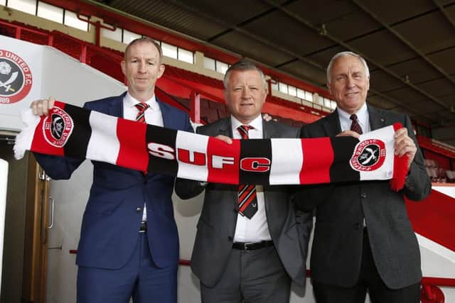 Alan Knill, Chris Wilder and Kevin McCabe when the 50-year-old was appointed two years ago 
Â©2016 Sport Image all rights reserved