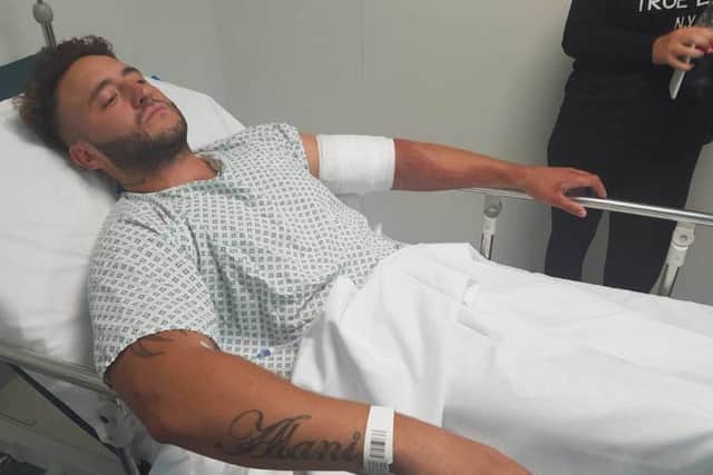 Luke Smedley in hospital just hours after he was slashed with a machete outside the High Noon pub in Woodthorpe. The amatuer boxer was in the process of starting his professional career in the ring.