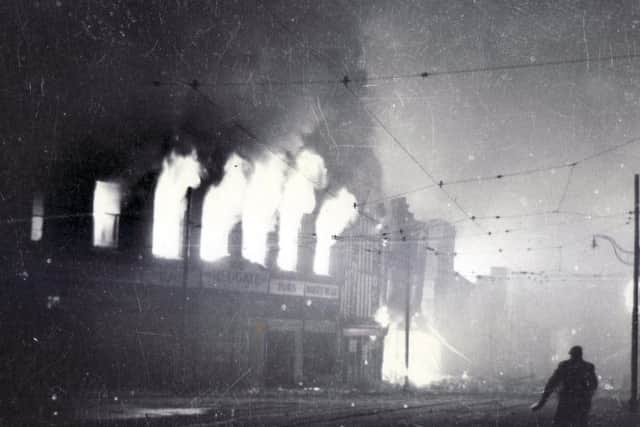 The Redgates shop in Sheffield on fire in December 1940.