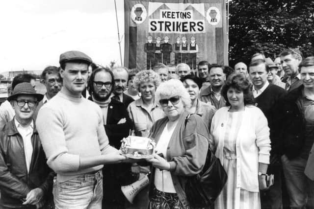 Striking workforce at Keeton, Sons and Co., manufacturers of sheet metal working machinery, Greenland Road
Location:	Sheffield city centre
Date: July 2, 1987