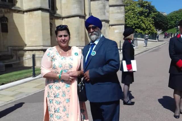 Narmila and Jarnel Singh in the grounds of Windsor Castle for the royal wedding