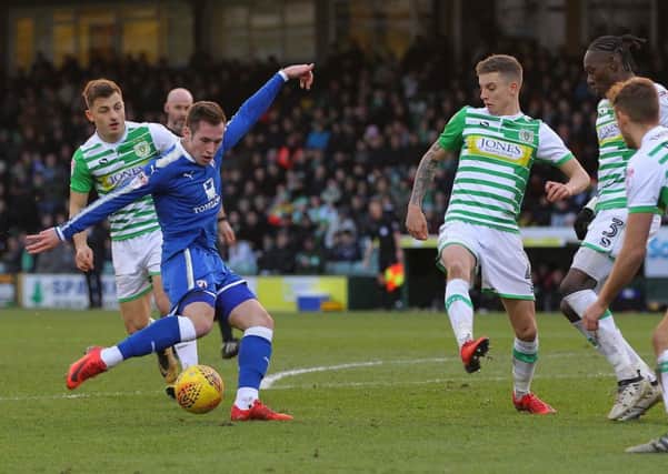 Picture by Gareth Williams/AHPIX.com; Football; Sky Bet League Two; Yeovil Town v Chesterfield FC; 20/01/2018 KO 15.00; Huish Park; copyright picture; Howard Roe/AHPIX.com; Josh Kay sees his effort blocked by Yeovil's Jared Bird