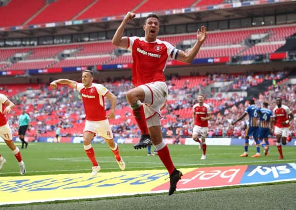 Rotherham United's Richard Wood celebrates scoring his side's first goal of the game during the Sky Bet League One Final at Wembley Stadium, Londo. Photo: John Walton/PA Wire.