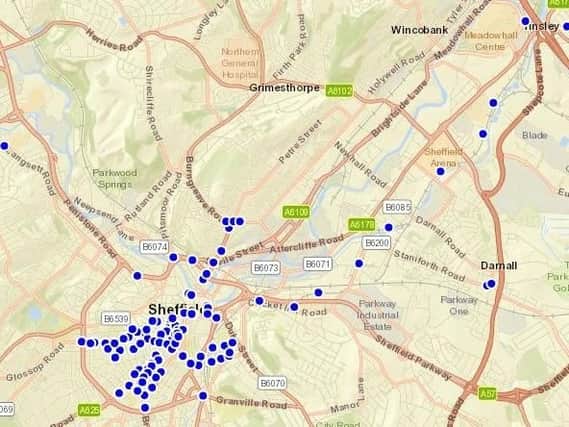 Map of CCTV camera locations in Sheffield by the Council