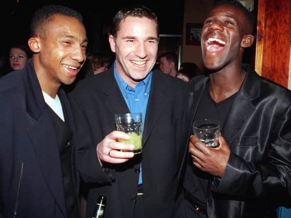 Chruis Bart Williams, right, with Andy Kiwomya and David Hirst at the Players Cafe opening party in 1998