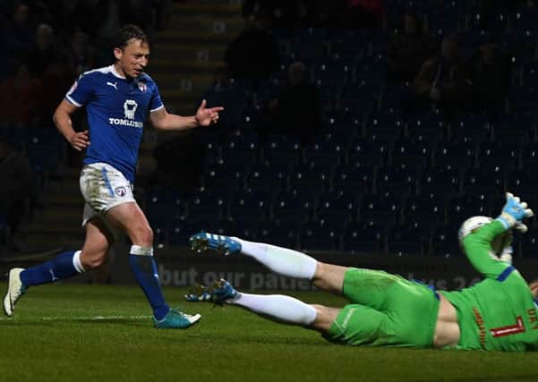 Picture Andrew Roe/AHPIX LTD, Football, EFL Sky Bet League Two, Chesterfield v Newport County, Proact Stadium, 01/05/18, K.O 7.45pm

Chesterfield's Kristian Dennis has his shot saved by Newport's keeper Joe Day

Andrew Roe>>>>>>>07826527594