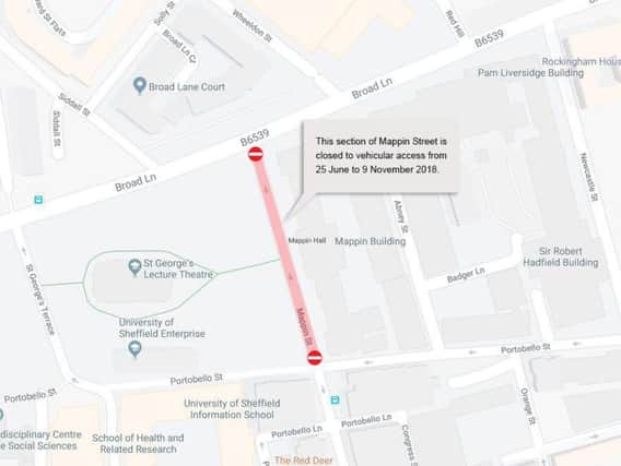 The closure will affect Mappin Street in Sheffield city centre (image: The University of Sheffield).