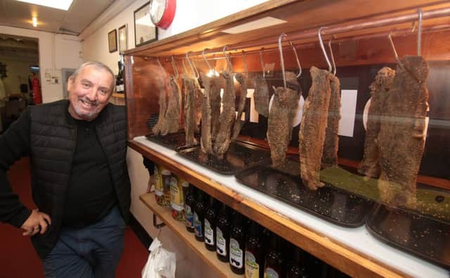 Mike Kilner of Bradway Quality Meats are producing South African Biltong in their shop, Sheffield, United Kingdom, 4th June 2018. Photo by Glenn Ashley.